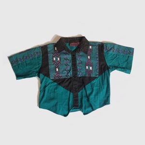 80s southwest Navajo print western shirt - short sleeved cowboy shirt - teal